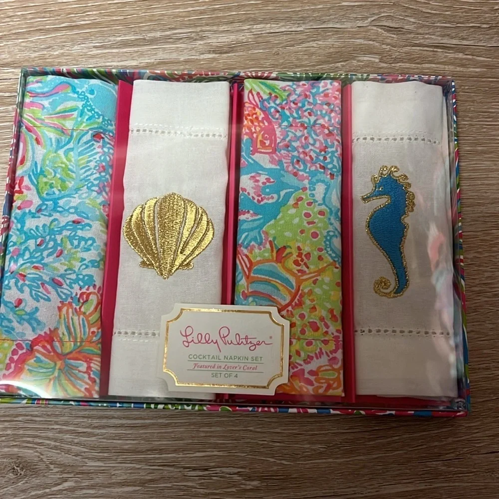 Lilly Pulitzer cotton embroidered cocktail napkin set of 4 NWT in box